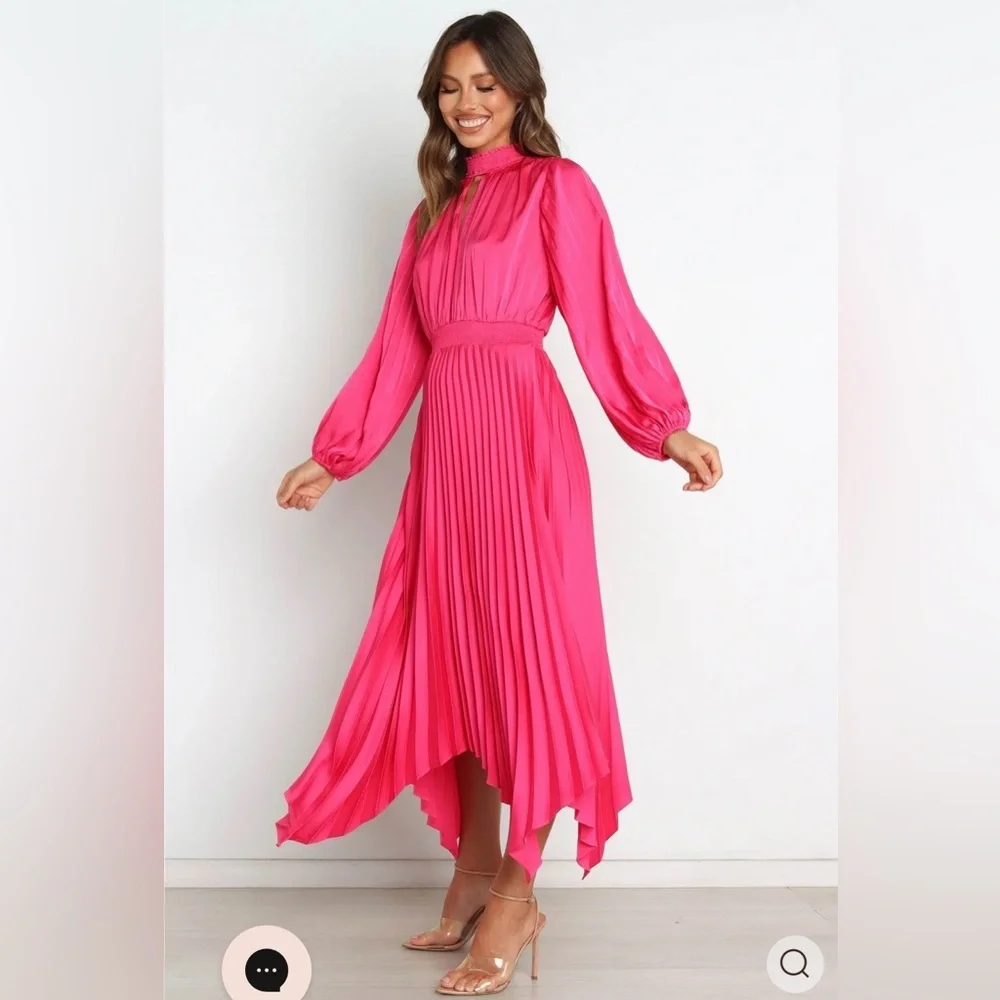 Petal & Pup Pleated Long Sleeve Midi Semi Formal Pink Satin Cocktail Dress US 8 - Picture 2 of 12